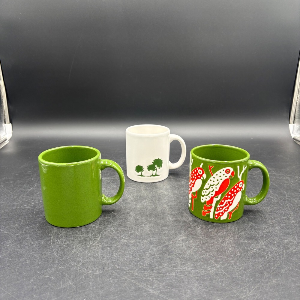 Vintage Waechtersbach W Germany Mug Set Green Bird Palm Tree 3 Piece Collection